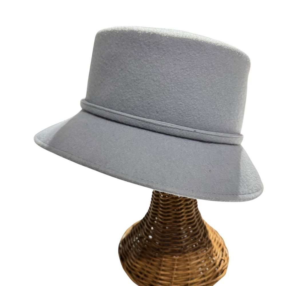 Betmar New York Gray Wool Hat with Faux Fur Pom Accents – Wide Brim Cloche - Picture 4 of 11